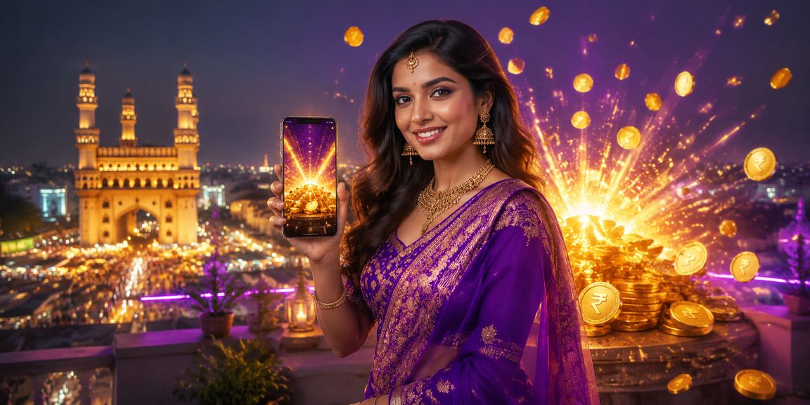 Excited player browsing promotions on 491441 mobile app in Hyderabad by Charminar